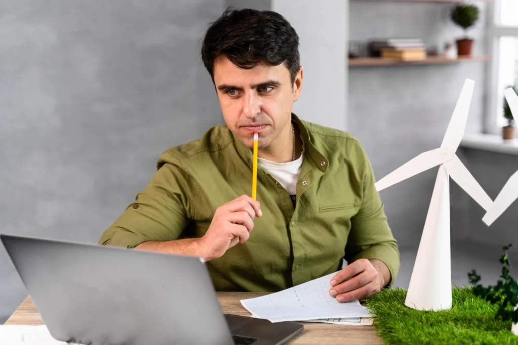 gestao riscos esg relatorio sustentabilidade Profissional analisa indicadores de sustentabilidade e gestão de riscos ESG em notebook ao lado de maquetes de turbinas eólicas.